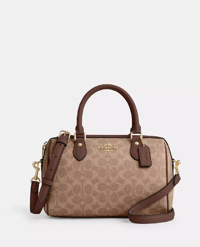 Vegan leather handbagsCoach Rowan Satchel Bag In Signature Gold Tan Brown