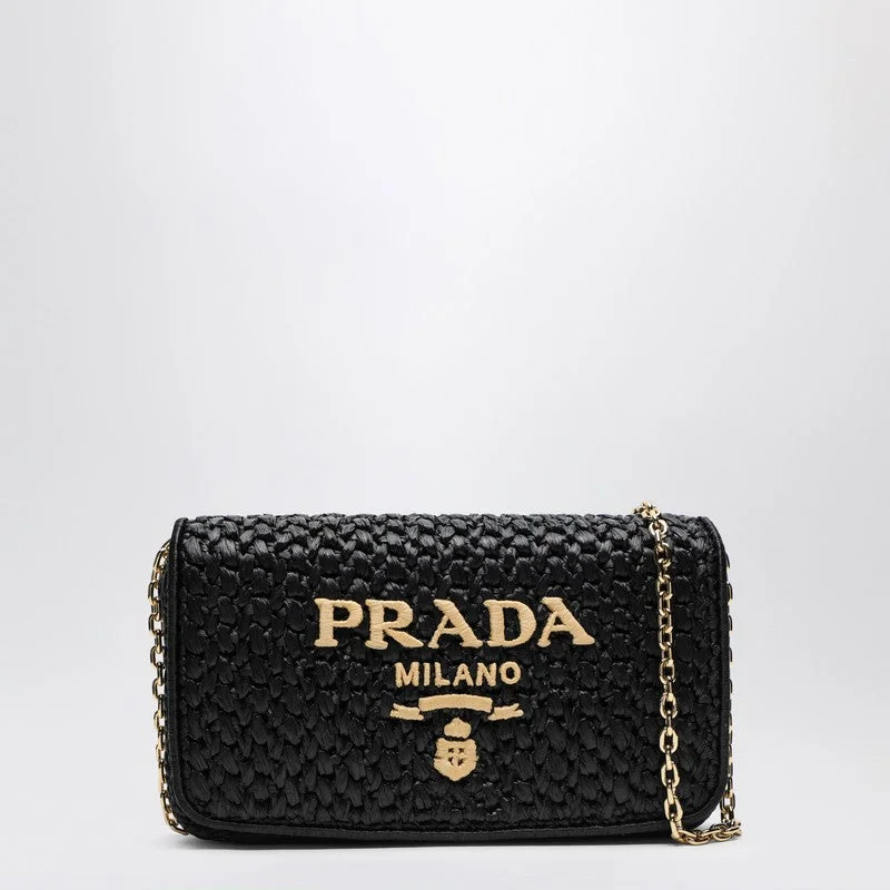 Prada tote bags with a double - handle and shoulder - strap option for easy usePrada Black Crochet Shoulder Bag With Logo Women