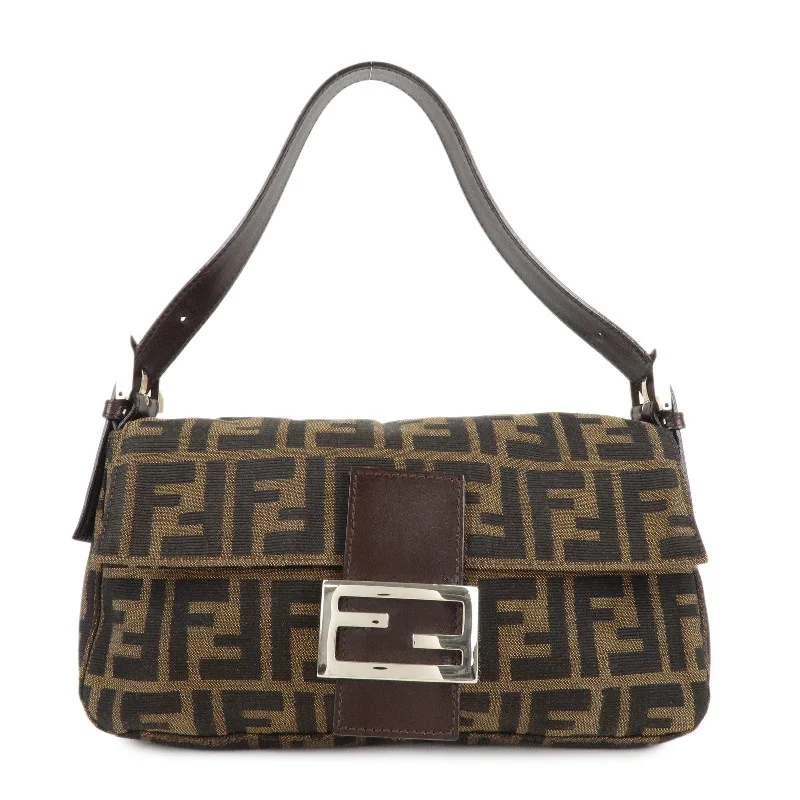 Fendi tote bags with a reinforced bottom for increased durabilityFENDI Mamma Baguette Zucca Canvas Shoulder Bag Brown Black 26424