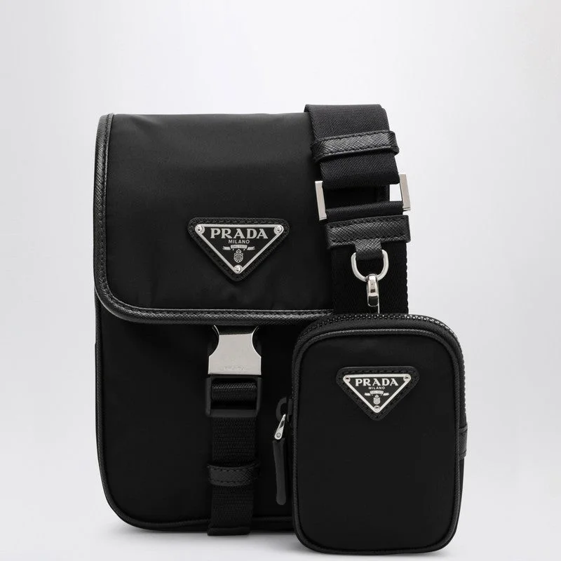 Prada bags with a front - zip pocket for small items like cards and keysPrada Small Messenger Bag In Black Re-Nylon Men