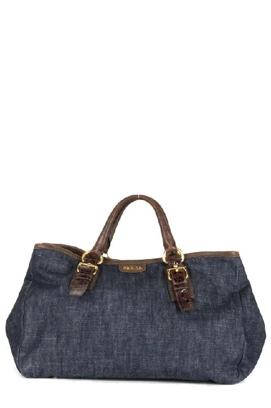 Prada handbags with a perforated leather detail for a unique and breathable designPrada Blue Denim Tote