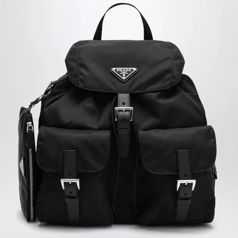 Prada nylon backpacks with a hidden back pocket for securityPrada Black Re-Nylon And Saffiano Backpack With Pouch Women