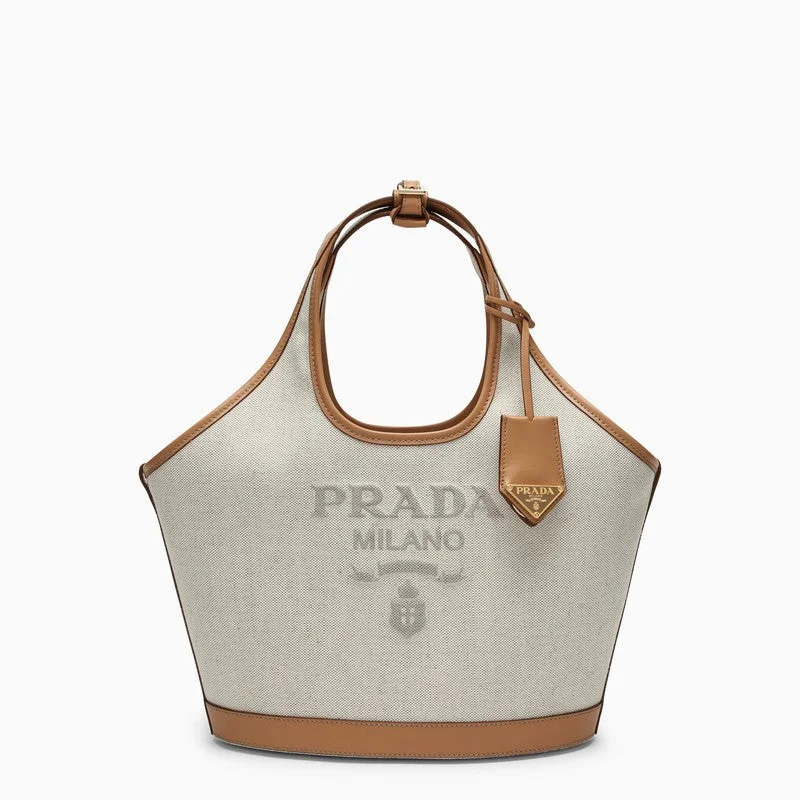 Prada bags with a back - zip pocket for storing valuables securelyPrada Large Shopping Bag In Linen And Leather Blend With Logo Women