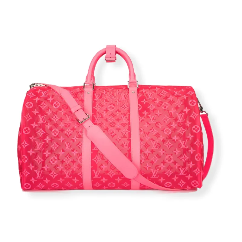 Louis Vuitton crossbody bags with a woven leather strap for textureLouis Vuitton Keepall 50 Bandouliere Mesh Monogram Pink