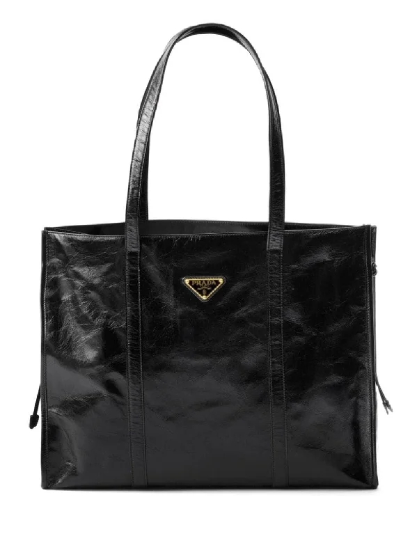 Prada tote bags with a printed Prada logo on the front for brand visibilityPrada Women Large Glossy Finish Leather Tote Bag