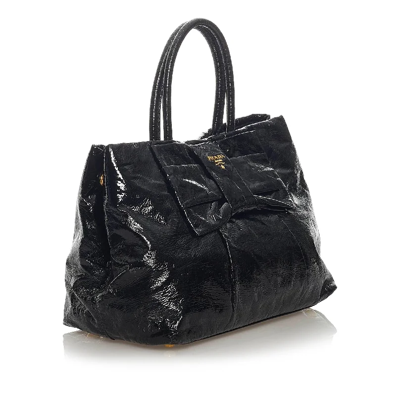 Prada bags with a detachable mobile phone holder for on - the - go conveniencePrada Bow Patent Leather Handbag (SHG-29239)