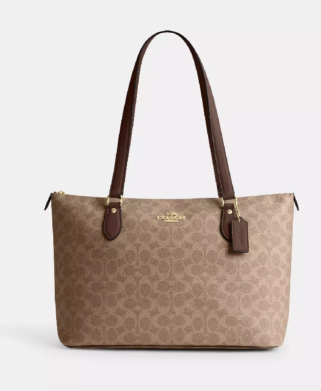 Designer bags with gold hardwareCoach Gallery Tote In Signature Gold Tan Brown