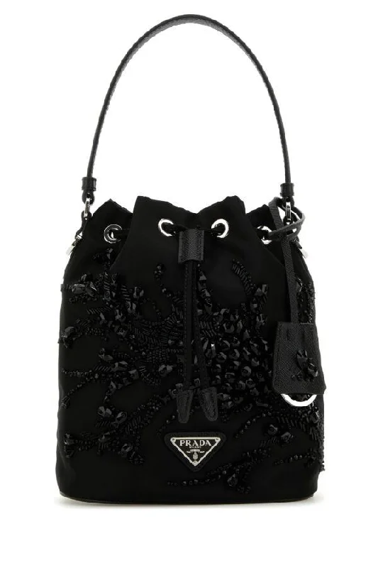 Prada handbags with a metal - framed clasp for durability and stylePrada Women Black Nylon Bucket Bag