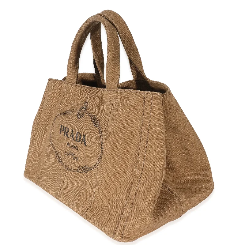 Ladies Prada shoulder bags with a magnetic - closure flap for easy opening and closingPrada Brown Canvas Medium Canapa Tote