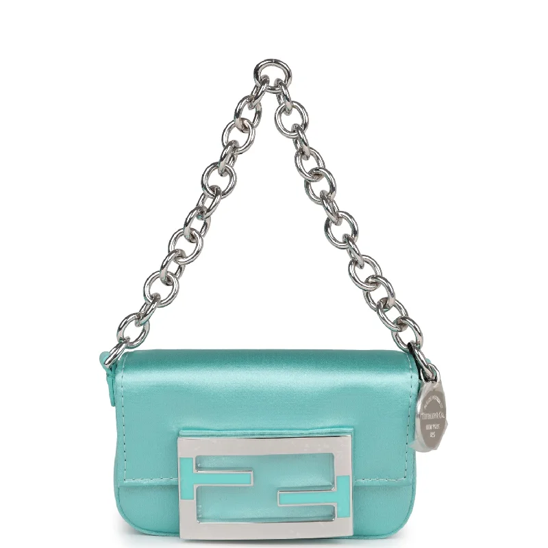 Fendi handbags with a glow - in - the - dark FF logo for a fun and unique featureFendi x Tiffany Nano Baguette Charm Bag Light Blue Silk Sterling Silver Hardware