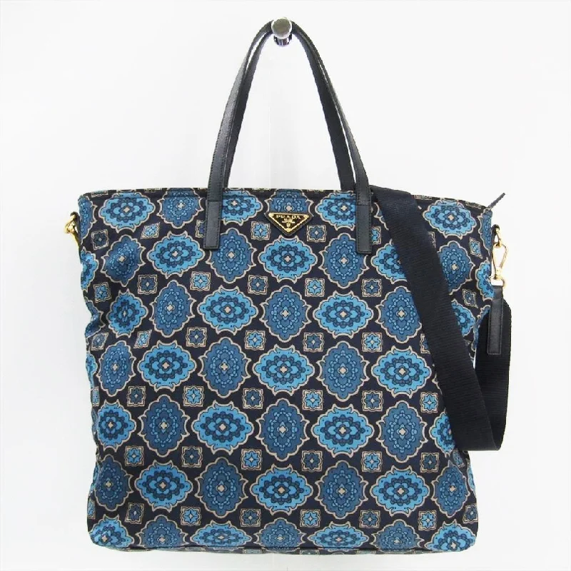 Prada Galleria bags with a structured silhouette for a professional lookPrada Blue Printed Nylon Tote  (SHA-20429)