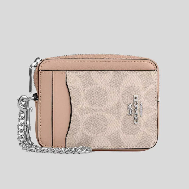 Affordable luxury bags COACH Zip Card Case In Signature Canvas Sand/Taupe CW883