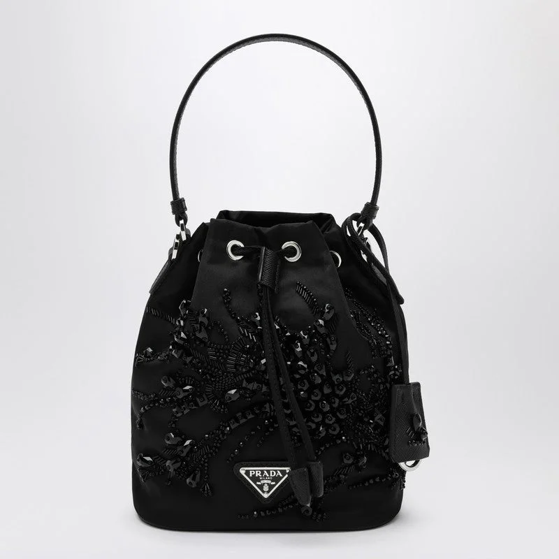 Prada handbags with a patent - leather finish for a shiny and sophisticated appearancePrada Black Re-Nylon Mini Bag With Embroidery Women