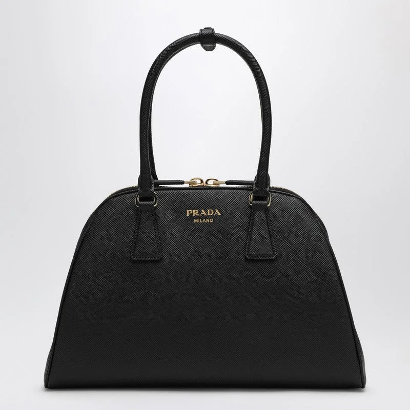 Prada bags with a snap - button closure and a decorative charm for a fashionable lookPrada Medium Black Bag In Saffiano Women