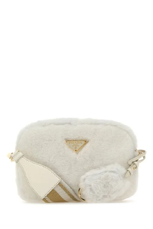 Prada Cahier bags with a leather - wrapped handle for a luxurious feelPrada Women White Shearling Crossbody Bag