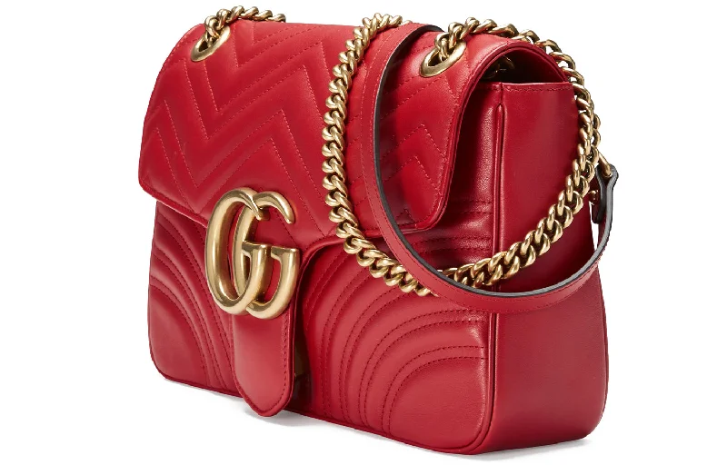 Luxury brand bags on sale(WMNS) GUCCI GG Marmont Gold Logo Distress Leather Chain Shoulder Messenger Bag Red Classic 443496-DTDIT-6433