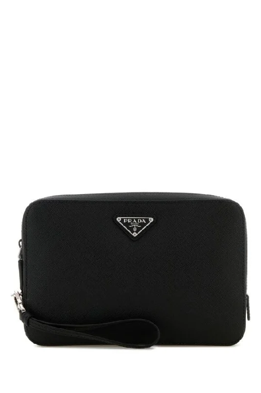 Prada Galleria bags with a structured silhouette for a professional lookPrada Men Black Leather Clutch