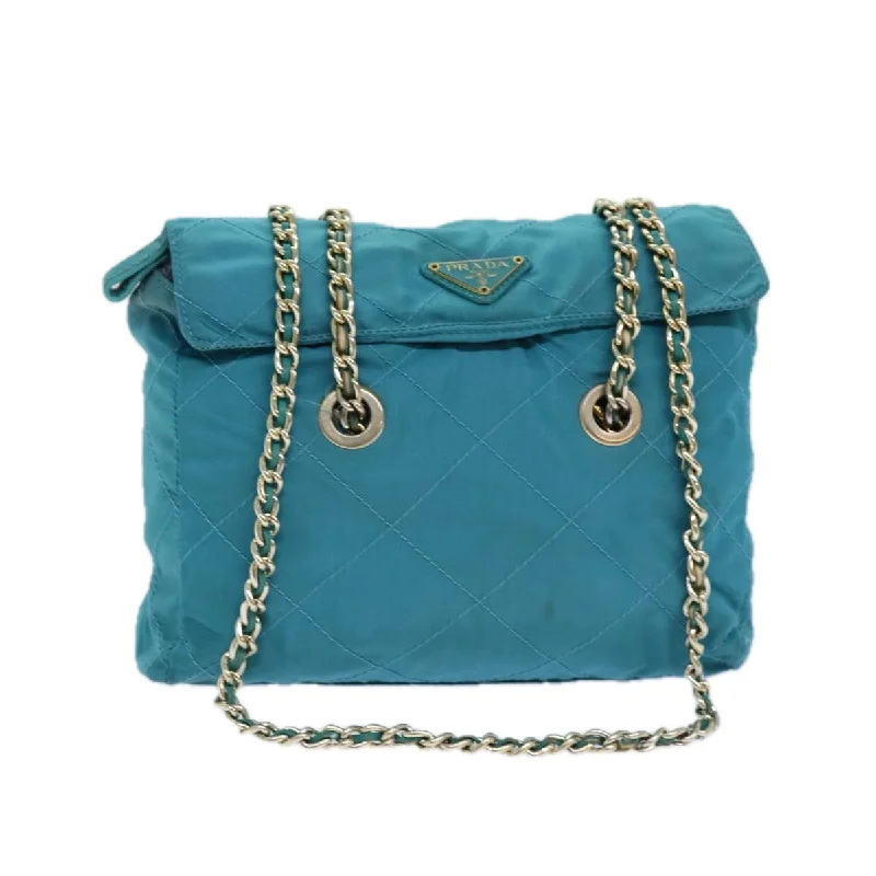 Prada handbags with a beaded trim for a touch of glamour and elegancePRADA Chain Shoulder Bag Nylon Blue Auth ar12043