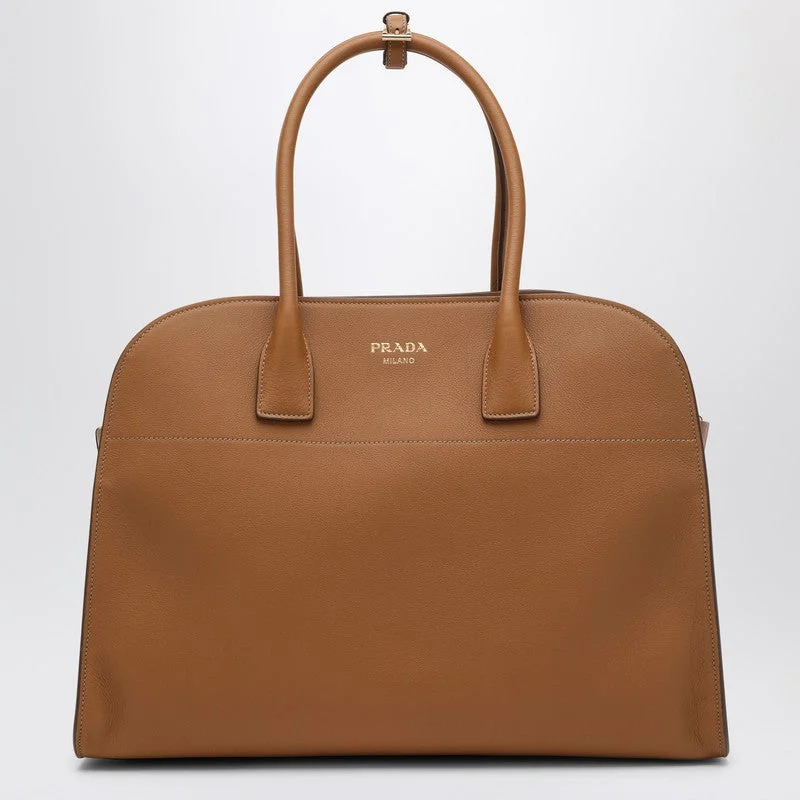 Prada handbags with a patent - leather finish for a shiny and sophisticated appearancePrada Large Caramel-Coloured Leather Shopping Bag With Buckles Women