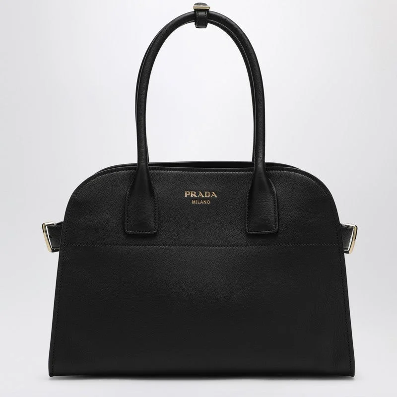 Prada tote bags with a printed Prada logo on the front for brand visibilityPrada Medium Black Leather Shopping Bag With Buckles Women