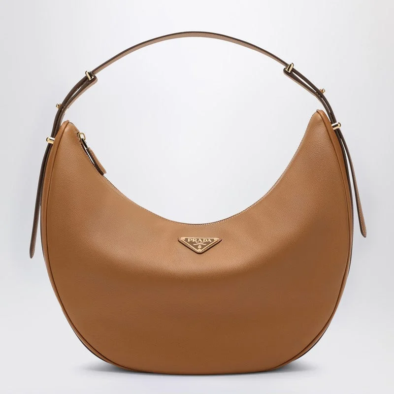 Prada Cleo bags with a crystal - embellished logo for added luxuryPrada Prada Arqué Caramel Large Leather Shoulder Bag Women