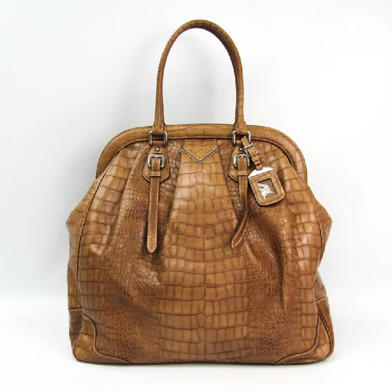 Prada bags with a snap - button closure and a decorative charm for a fashionable lookPrada Brown Leather Tote (SHA12156)