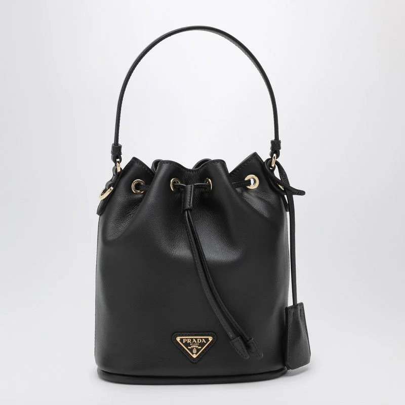 Prada bags with a snap - button closure and a decorative charm for a fashionable lookPrada Small Black Leather Bucket Women