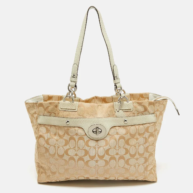 Customizable monogram bagsBeige/Off White Signature Canvas and Snakeskin Embossed Leather Penelope Tote