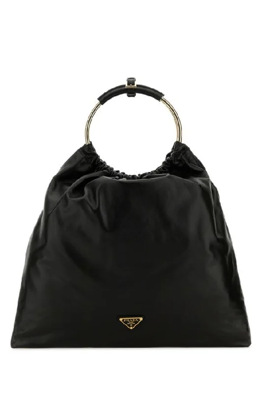 Prada bags with a chain - link trim and a leather body for a modern and stylish edgePrada Women Black Leather Bucket Bag