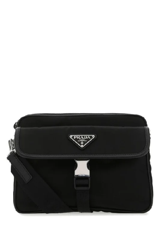 Prada tote bags with a double - handle and shoulder - strap option for easy usePrada Men Black Nylon Crossbody Bag