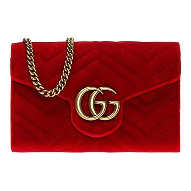 Compact crossbody bags for travel(WMNS) GUCCI GG Marmont Gold Logo Distress Velvet Chain Shoulder Messenger Bag Mini Red 474575-9QIDT-6433