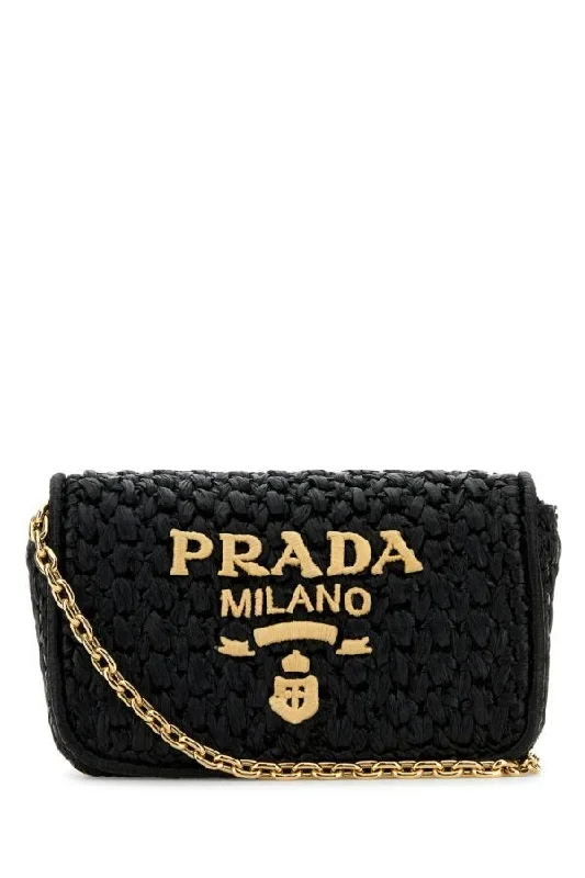 Prada Cahier bags featuring the signature triangular logo plaquePrada Women Black Raffia Crossbody Bag