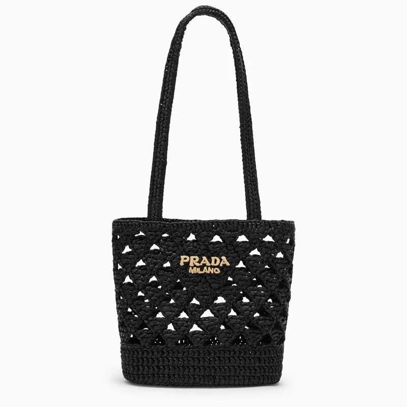 Ladies Prada shoulder bags with a magnetic - closure flap for easy opening and closingPrada Black Raffia Medium Shoulder Bag Women