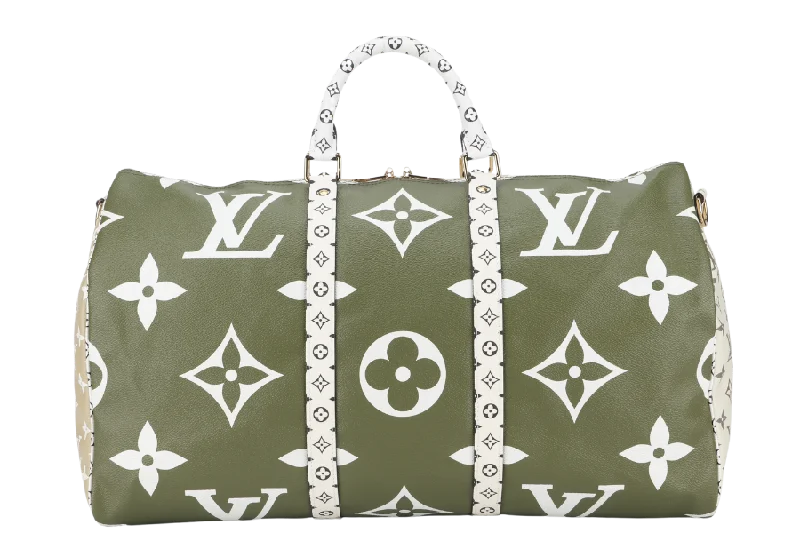 Louis Vuitton bags with a detachable mobile phone holder for convenienceLOUIS VUITTON KEEPALL BANDOULIERE 50 (M44590) KHAKI BEIGE GIANT MONOGRAM GOLD HARDWARE WITH STRAPS, PADLOCK, KEYS, DUST COVER AND BOX