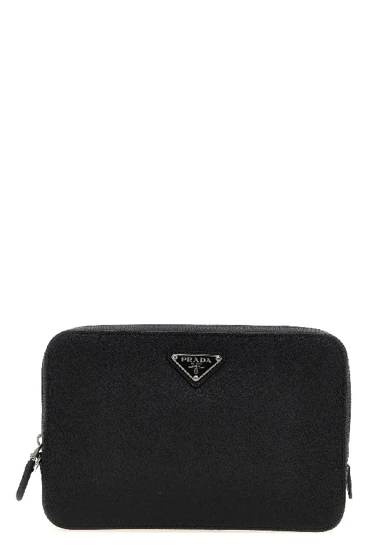 Prada bags with a front - flap pocket for quick access to essentialsPrada Men Saffiano Logo Clutch Bag