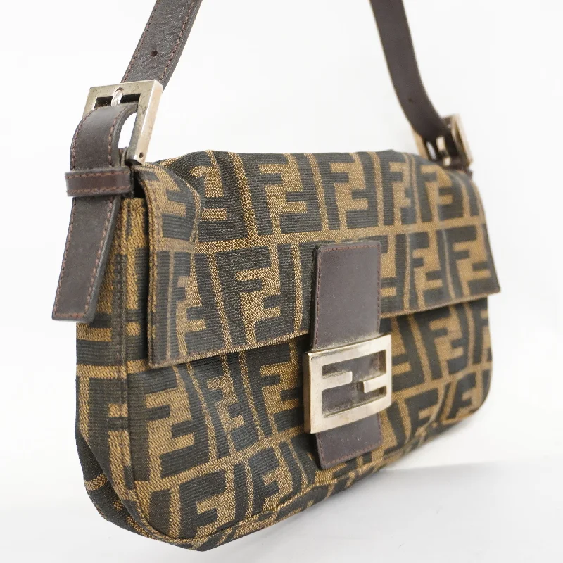 Fendi handbags with a holographic FF logo for a futuristic and trendy lookFENDI  Zucca Mamma Bucket Women's Nylon Canvas Handbag Brown