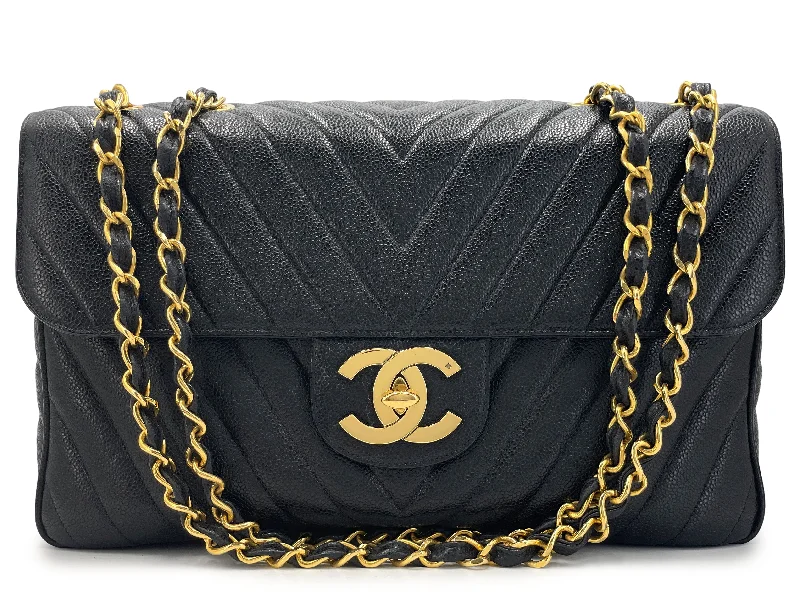 Chanel leather bags for everydChanel Vintage Chevron Caviar Maxi Flap Bag 1994 Black XL Classic 24k GHW MRJ