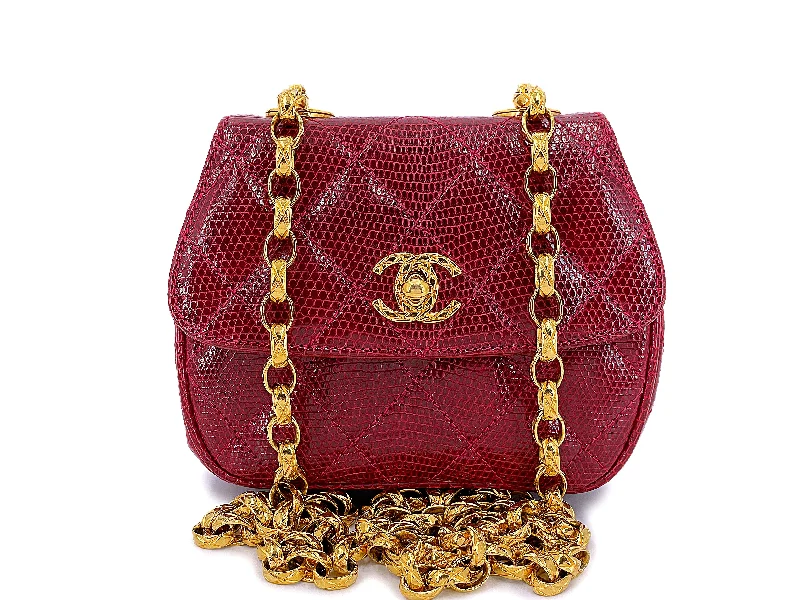 Chanel bags with gold, silver, and pearl accentsChanel Vintage Lizard Mini Flap Bag 1980s Rare Red Etched Chain Round PSK