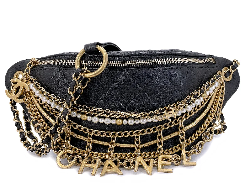 Chanel bags with iconic stitching detailsChanel 19A Black All About Chains Pearl Fanny Pack Bag GHW