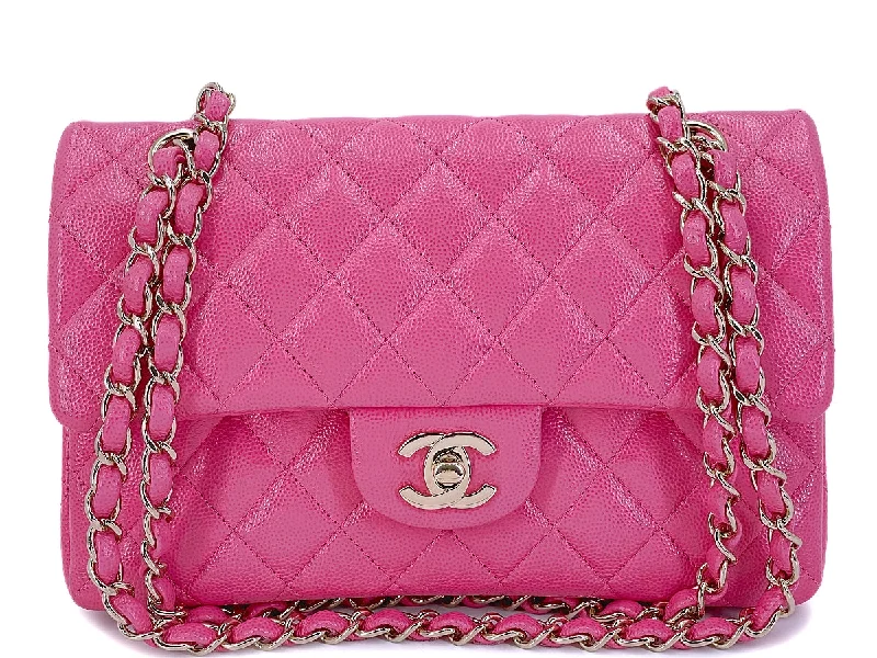 Chanel bags with leather and tweed combinationsChanel 20S Barbie Pink Caviar Small Classic Double Flap Bag GHW