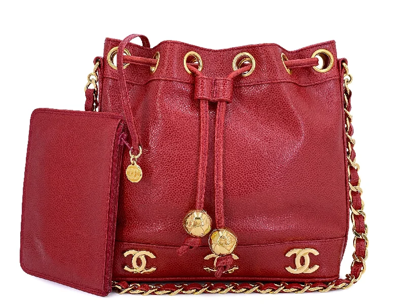 Chanel bags with exclusive seasonal designs and materialsChanel 1994 Vintage Red Caviar Mini Drawstring 6-CC Rectangular Bucket Bag 24k GHW