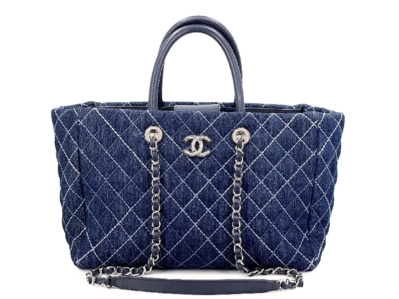 Chanel bags for women with minimalist styleChanel Blue Denim Contrast Stitch Convertible Shopper Tote Bag SHW