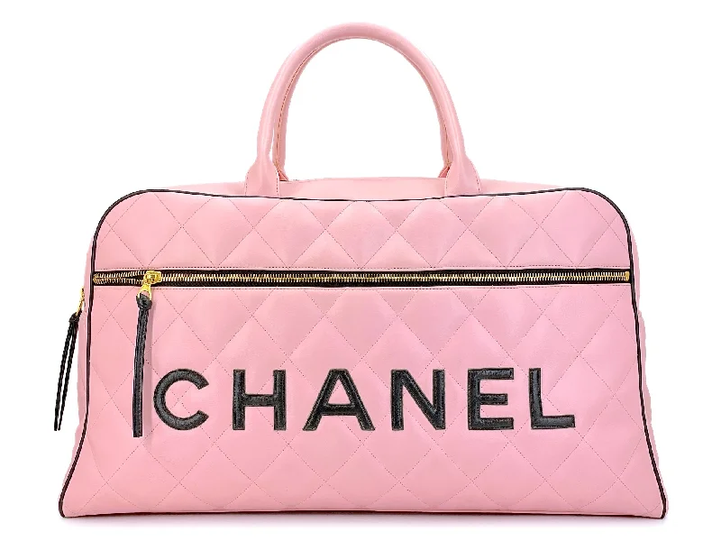 Chanel bags with adjustable chain strapsChanel 1995 Vintage Pink XL Large Duffle Bowler Lettered Logo Bag J90