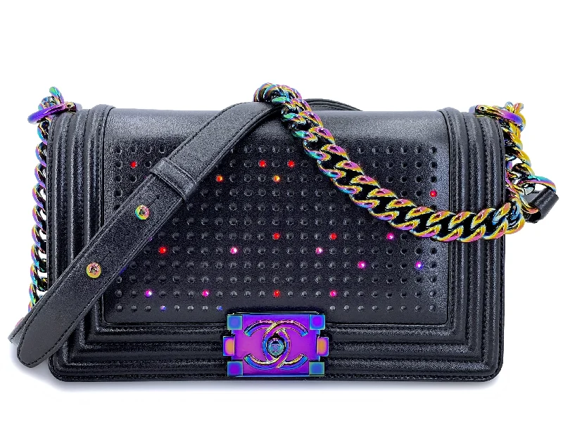 Chanel Chain Strap Handbag for Everyday UseChanel 2017 Black LED Boy Flap Bag Rainbow HW Medium TQK