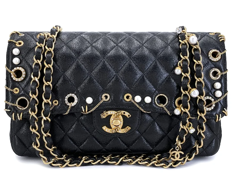 Chanel New Arrival Handbag with Gold HardwareChanel 2019 Piercing Charms Black Medium Classic Double Flap Bag GHW Q90