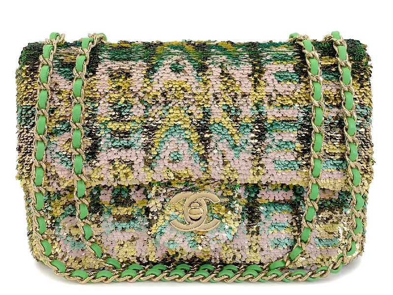 Chanel bags for women with minimalist styleChanel 2021 Iconic Green Pastel Letter Sequin Green Rectangular Mini Flap Bag GHW 2EE