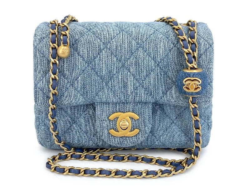 Chanel bags with chain and leather strap combinationsChanel 22C Blue Denim Pearl Crush Square Mini Flap Bag GHW 93E