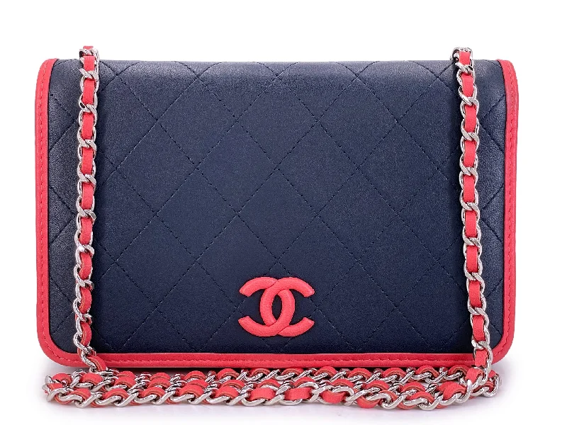 Chanel bags with intricate metal hardwareChanel Navy and Coral Pink Covered CC Wallet on Chain WOC Bag Pristine