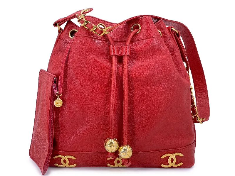 Chanel bags with modern touchesChanel Vintage 1995 Red Caviar Drawstring Bucket Bag 6-CC 24k GHW