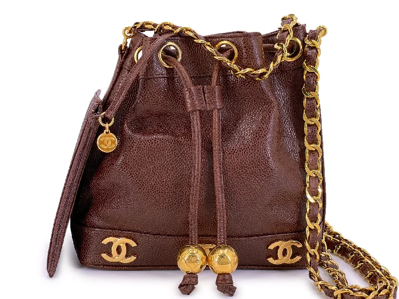 Chanel bags with intricate metal hardwareChanel Vintage Chestnut Brown Caviar Mini Bucket Bag 6 CC 24k GHW HFA